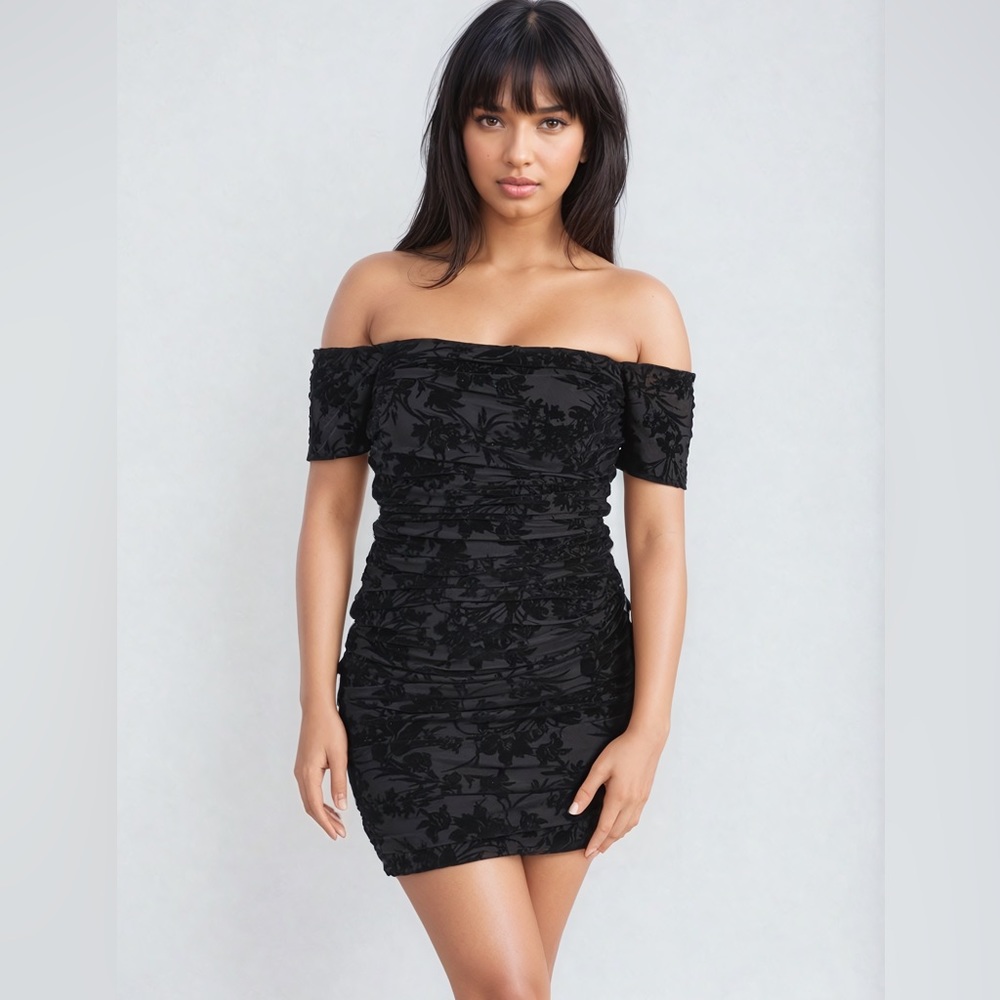 Off the shoulder black mesh mini dress
